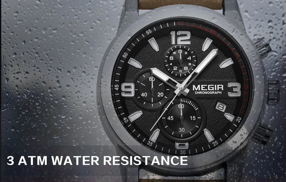 MEGIR Luxury Chronograph Men's Sport Watches Leather Strap Quartz Wristwatch Luminous Casual Male Clock Relogio Masculino 2026
