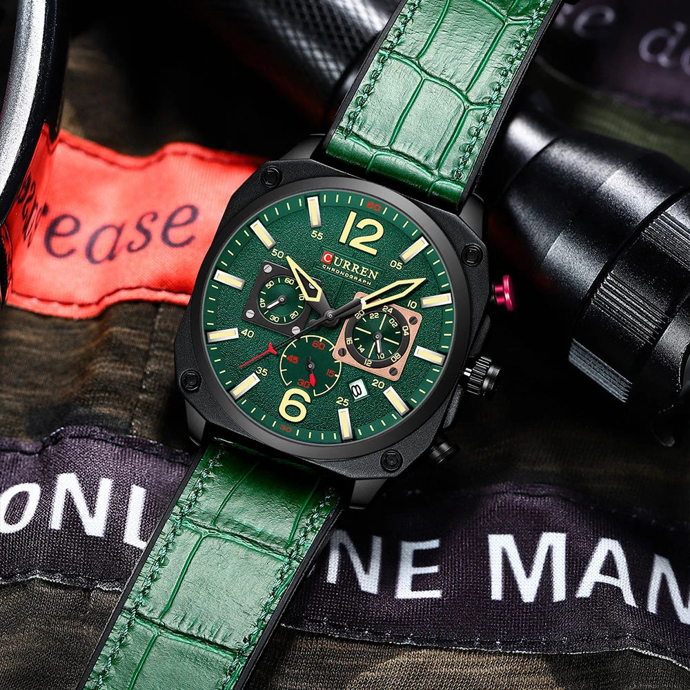 CURREN Men's Waterproof Fashion Quartz Chronograph Watch – Leather Strap, Luminous Calendar
