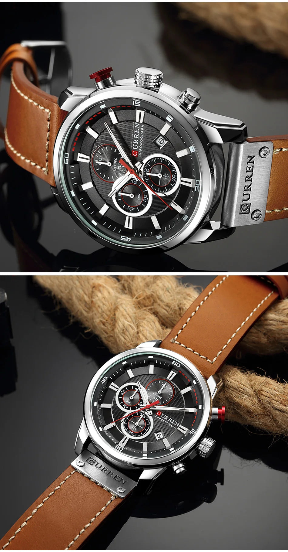 CURREN Men’s Military Leather Sports Quartz Watch – Chronograph Wristwatch