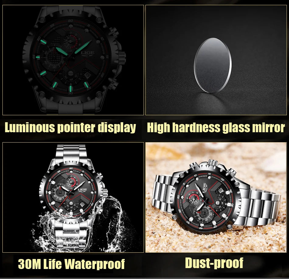 LIGE 2024 Men’s Luxury Quartz Watch – All Steel Waterproof Sport & Business Timepiece with Box