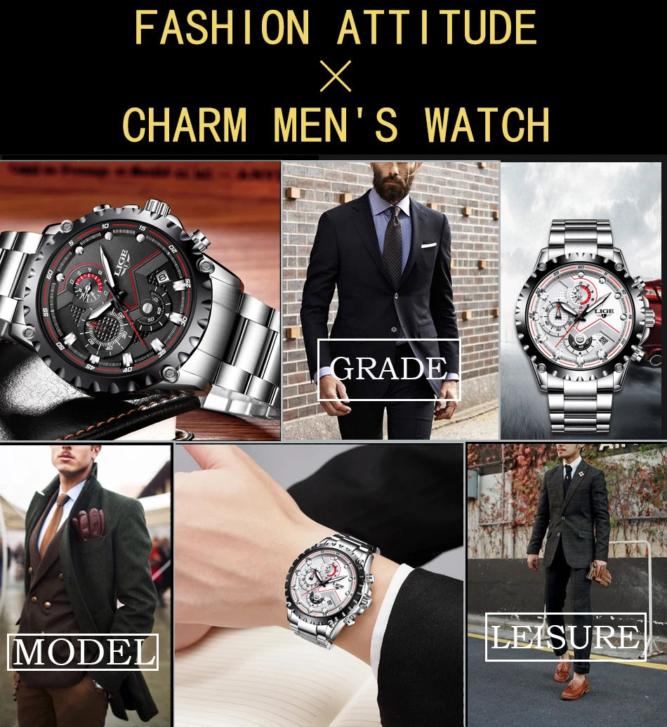 LIGE 2025 Men’s Fashion Quartz Watch – A premium all-steel timepiece combining luxury design with everyday functionality.