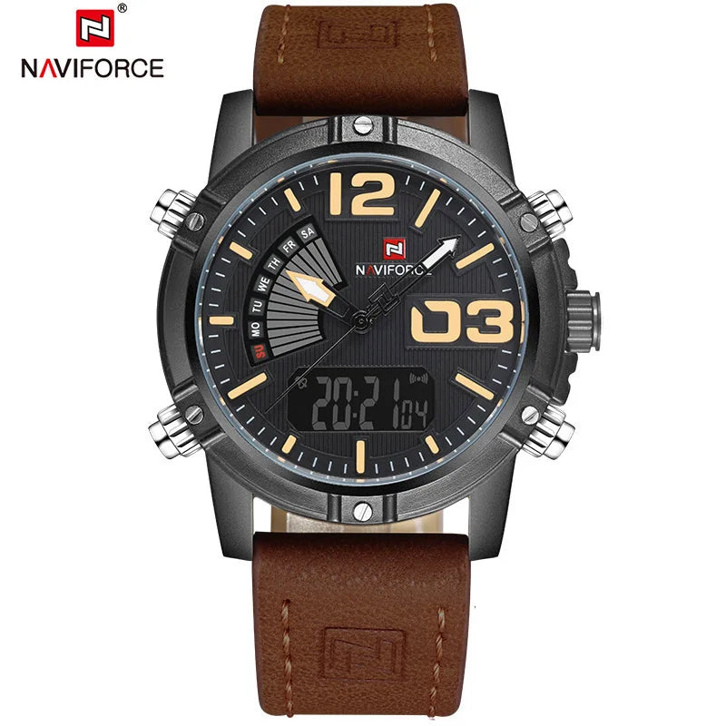 NAVIFORCE Luxury Brand Men's Sport Watches Men Dual Display LED Digital Waterproof Leather Strap Quartz Military Watch Man Clock
