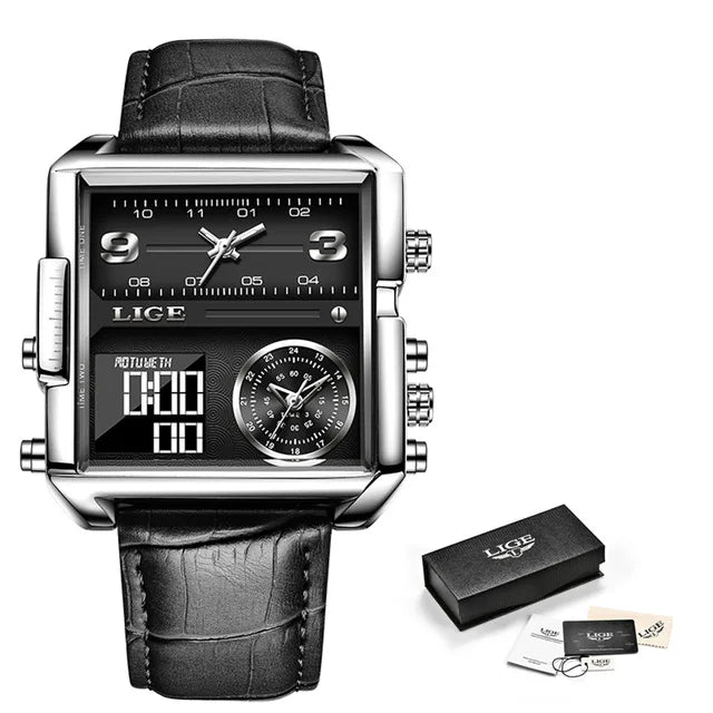 LIGE Men’s Black Steel Digital Dual Display Sports Chronograph – Waterproof Quartz Military Watch