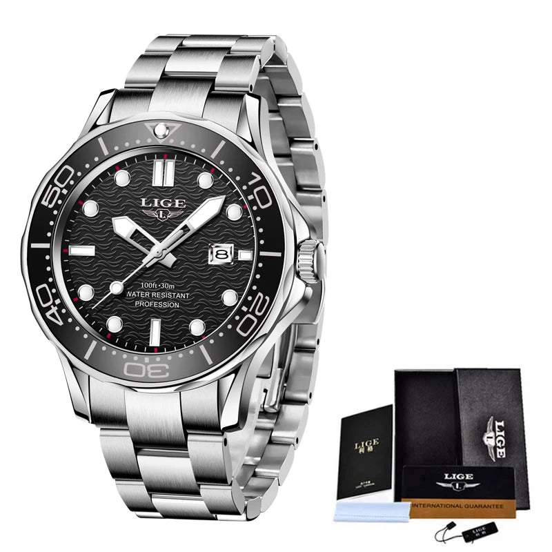 2025 LIGE Men's Business Luxury Dive Watch – Waterproof Chronograph with Date | Stainless Steel Sport Wristwatch + Box