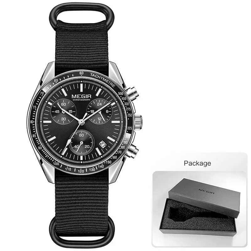 MEGIR New Men's Nylon Braided Strap Waterproof Night-light Sports Quartz Watch with Chronograph Fashion Triple-eye Wristwatch wi
