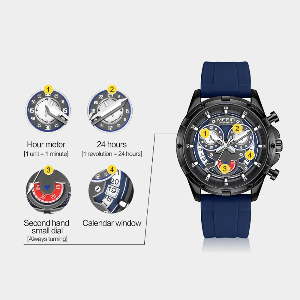 MEGIR Chronograph Men's Watches Top Brand Luxury Original Waterproof Silicone Date Watch for Men Fashion Sport Quartz Wristwatch