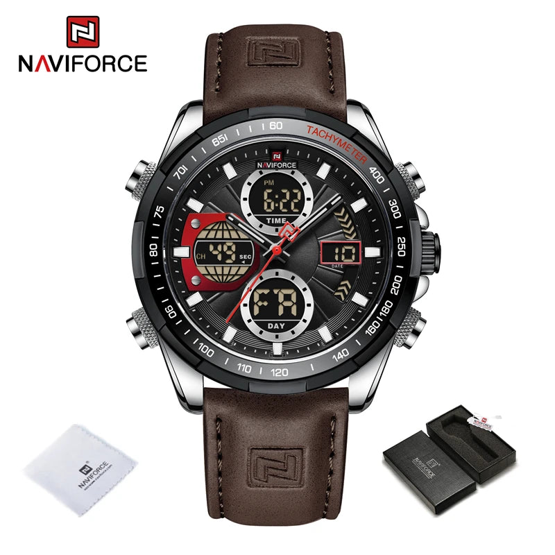 2025 NAVIFORCE Sport Watches for Men Strong Luminous Dual Display Waterproof Quartz Genuine Leather Wristwatch Relogio Masculino