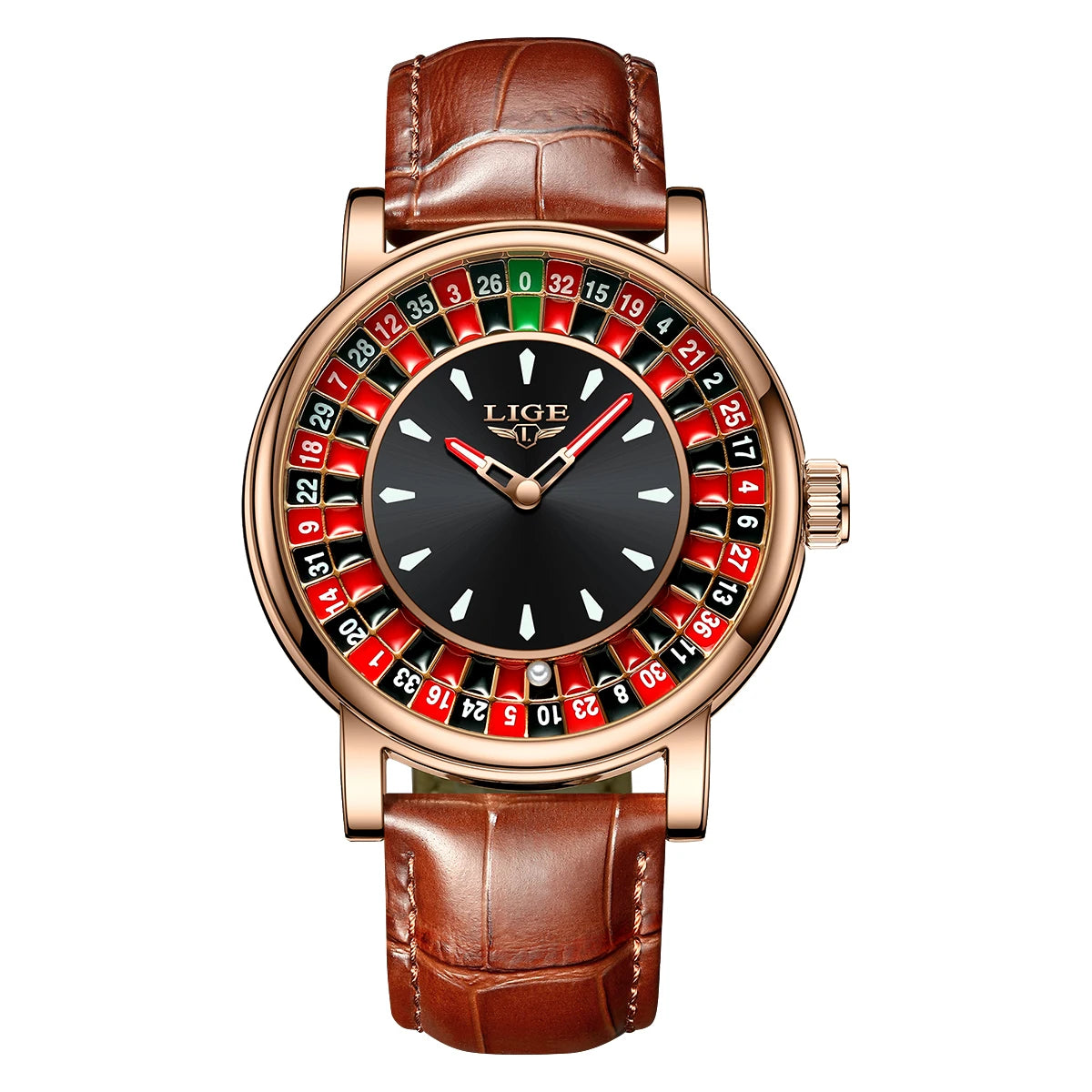 LIGE Fashion Roulette Dial Men's Watch – Brown Leather Edition