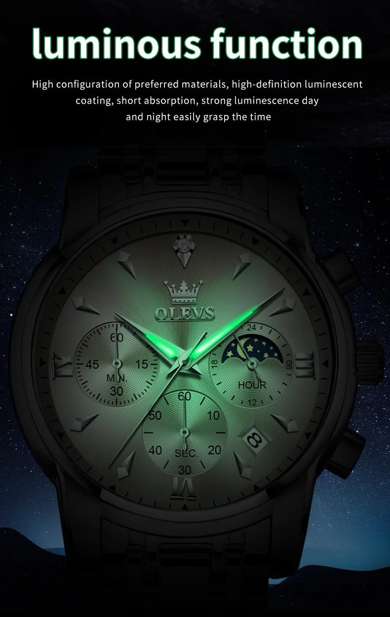 OLEVS 3639 Top Brand Original Quartz Watch Multifunctional Chronograph Watch For Men Waterproof Luminous Moon Phase Watch New