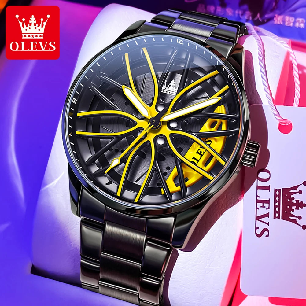 OLEVS Fashion 360° Rotary Dial Quartz Watch for Men Sport Car Rim Wheel Hub Waterproof Luminous Stainless Steel Men's Wristwatch