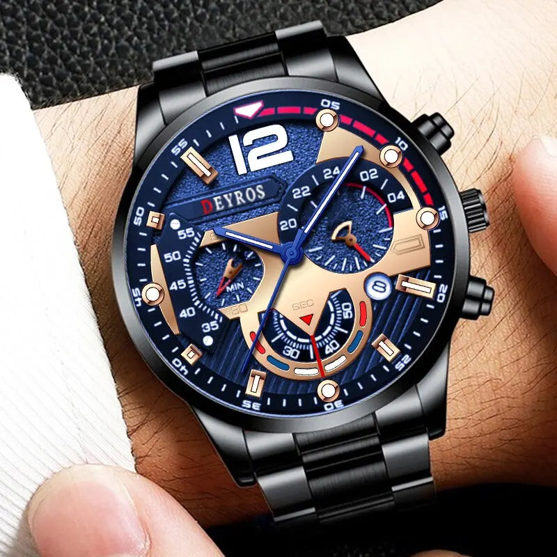 Luxorive LumaSteel Chrono – Men's Luxury Quartz Watch with Calendar & Luminous Display