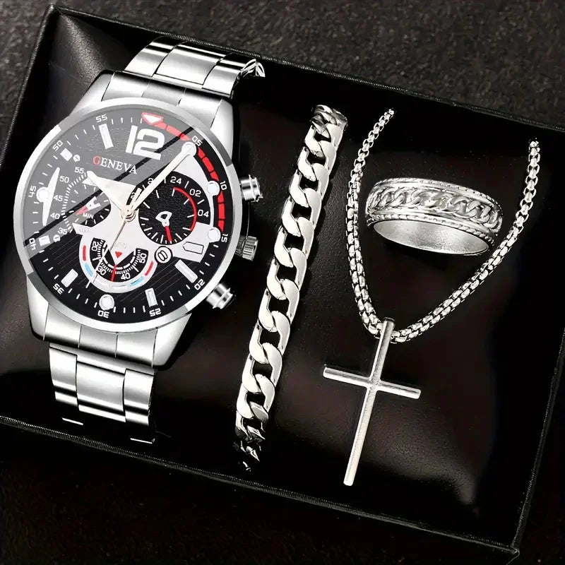 Luxorive Gold Roman Gift Set 🎁 – 4‑Piece Men’s Gold Quartz Watch with Calendar, Cross Necklace, Bracelet & Ring