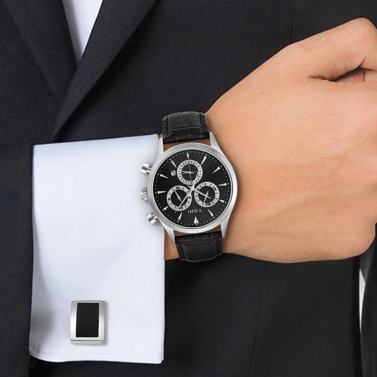 TOMI 4PCS Set Luxury Business Men's Quartz Watch Casual Fashion Versatile Watch Men's Cufflinks Tie Clip Watch Festival Gift