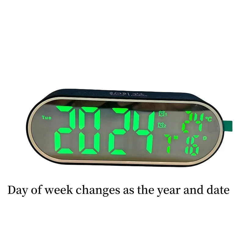 Rechargeable Digital Alarm Clock TEMP Date Week 2 Alarms Night Mode Snooze 12/24H Anti-disturb Voice Control LED Mirror Clock