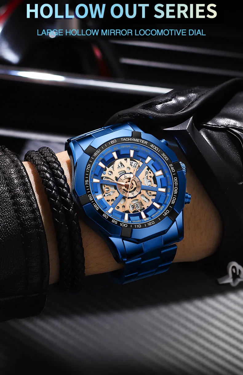 Luxorive BlueCore X – 2025 Luxury Skeleton Steel Watch for Men