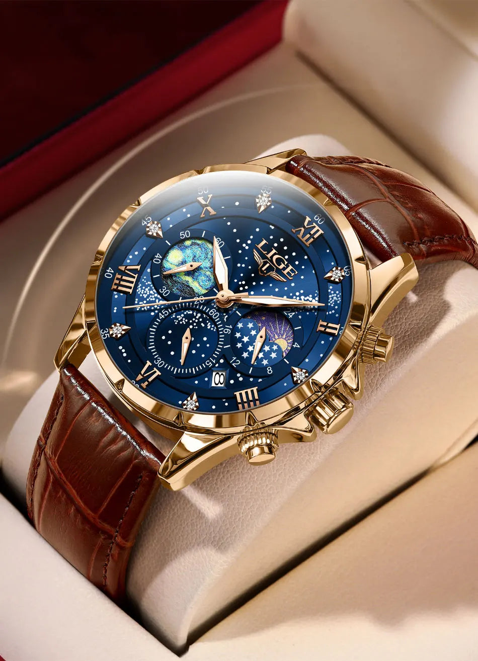 LIGE 2024 Men’s Luxury Genuine Leather Sports Military Quartz Watch with Date
