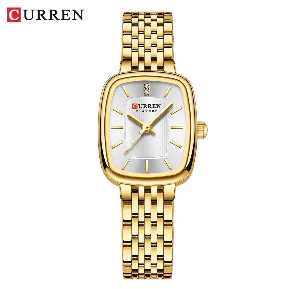 CURREN 9093 Women's Fashion Quartz Watch – Elegant Square Gold Dial with Stainless Steel Strap, Waterproof