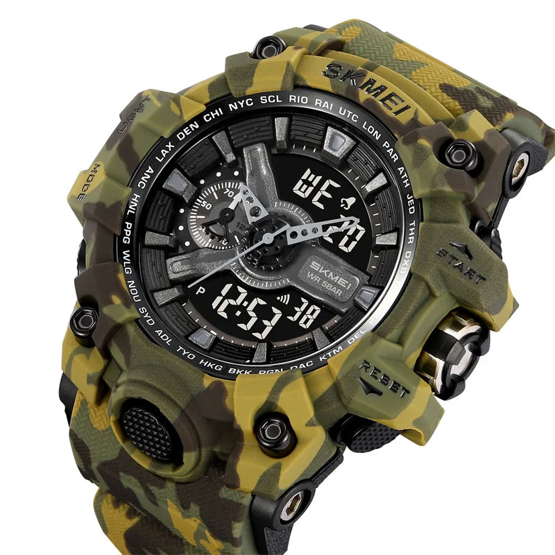 SKMEI Men's Shockproof Military Sports Watch – Dual Time, LED Display, Waterproof, Alarm, Chrono, Big Dial