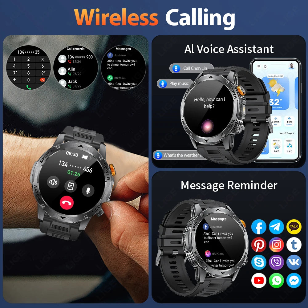 LIGE Men’s Smartwatch – 1000mAh Battery, Outdoor Flashlight, Bluetooth Call, Waterproof Fitness Tracker