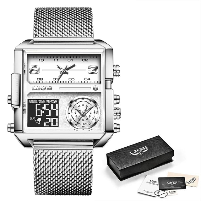 LIGE Men’s Black Steel Digital Dual Display Sports Chronograph – Waterproof Quartz Military Watch