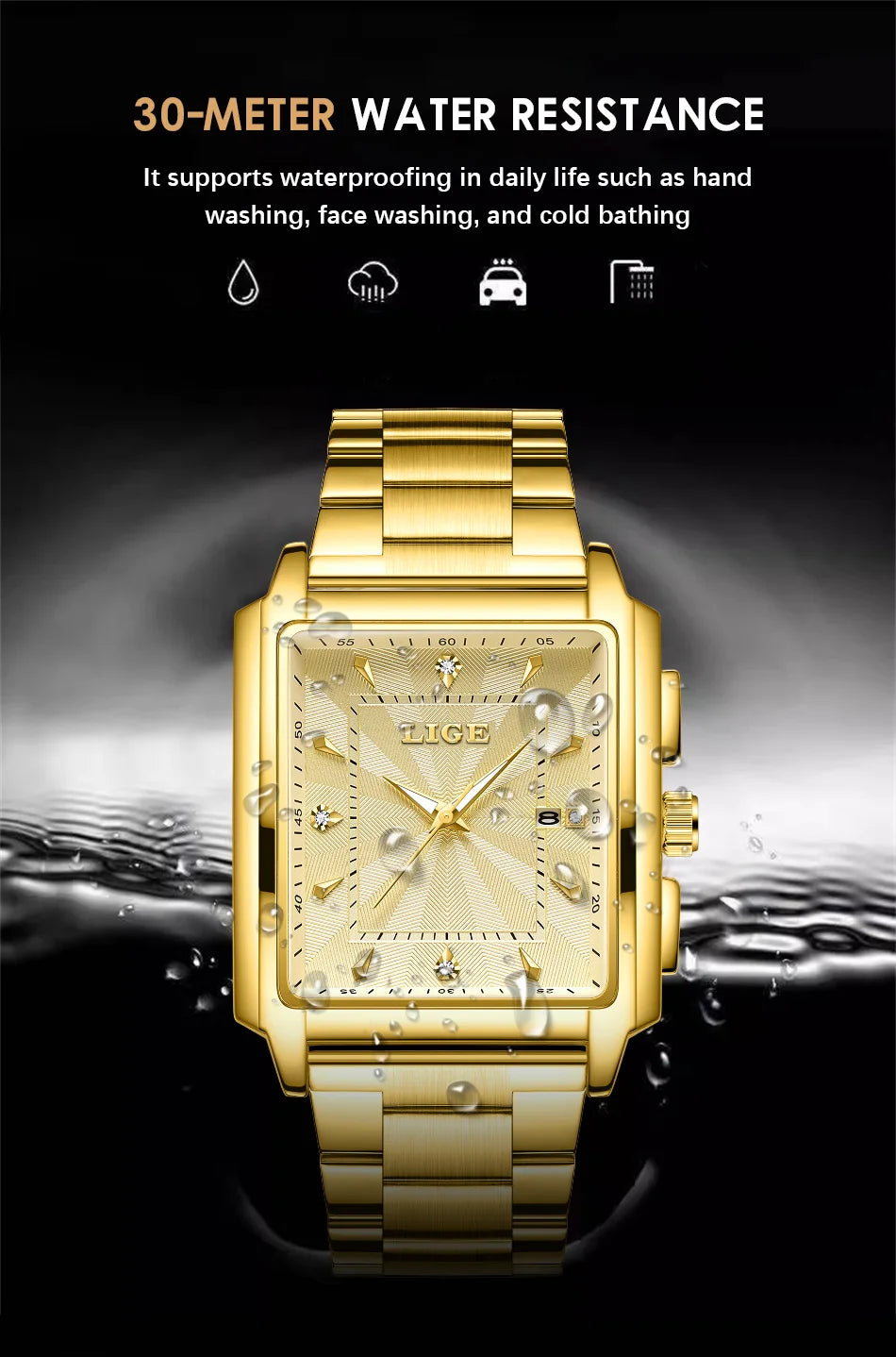 LIGE Men’s Luxury Square Sport Watch – Waterproof Business Military Quartz Chronograph