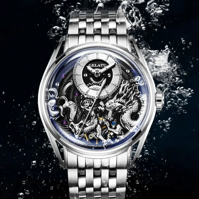 GELATU 6018 Men Watch Luxury Relief Dragon Pattern Watch Original Automatic Mechanical Watch Sapphire Waterproof Men's Watch