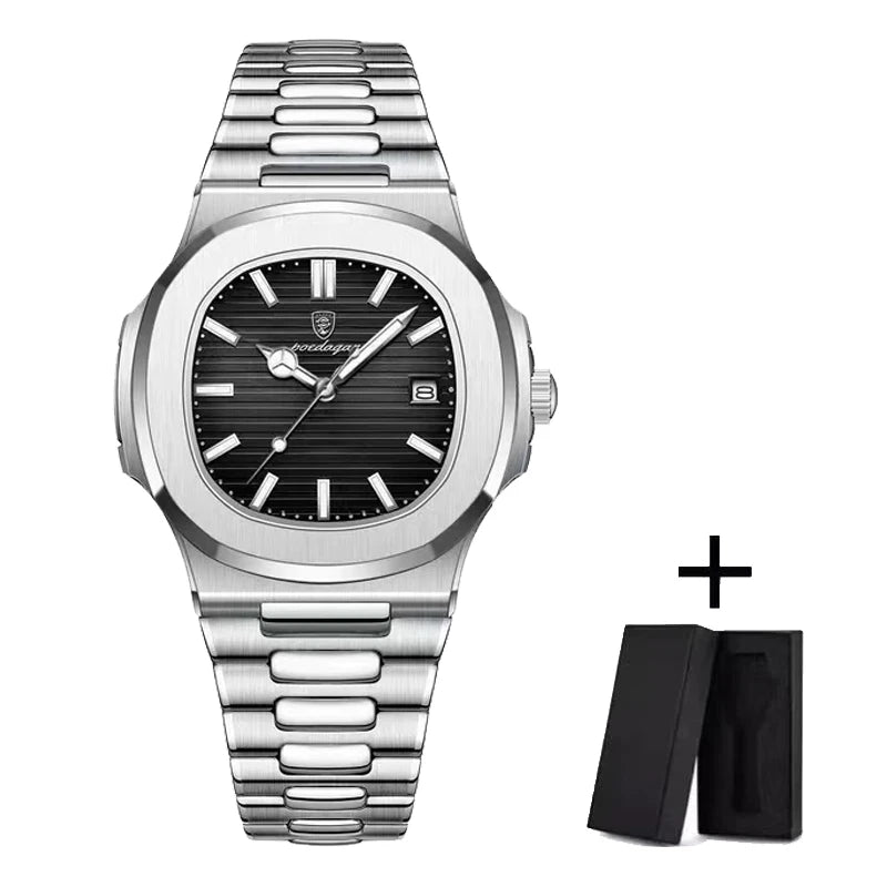 PENGAGAR Luxury Watch Business 50 ATM Waterproof Male Clock Luminous Date Stainless Steel Square Quartz Men Watches reloj hombre