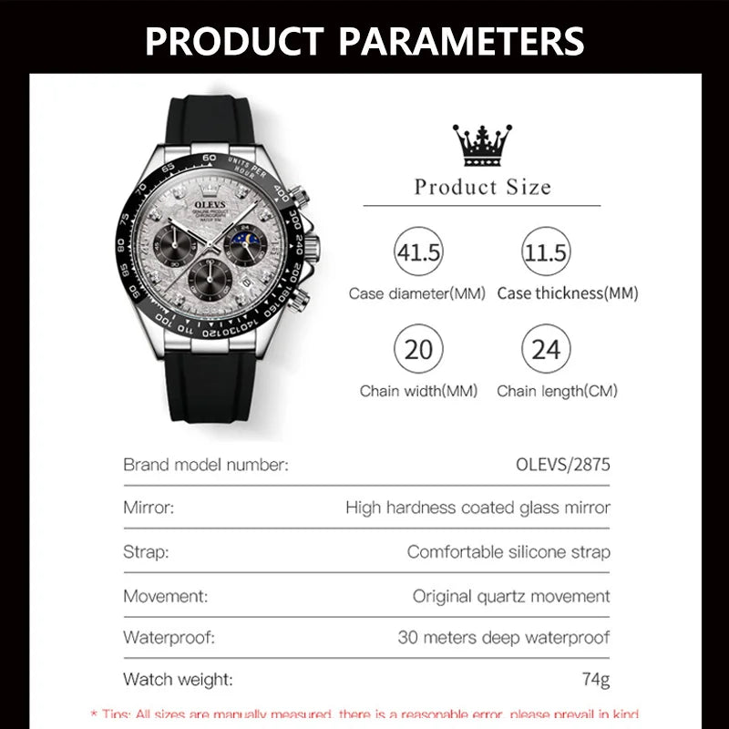 OLEVS Luxury Men's Watches Waterproof Original Quartz Man Watch Moon Phase Watch for Men Chronograph Wrist Watch Luminous Clock