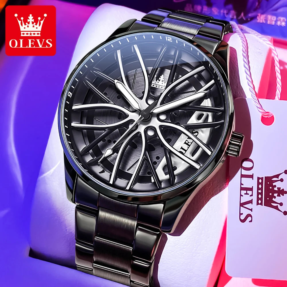OLEVS Fashion 360° Rotary Dial Quartz Watch for Men Sport Car Rim Wheel Hub Waterproof Luminous Stainless Steel Men's Wristwatch