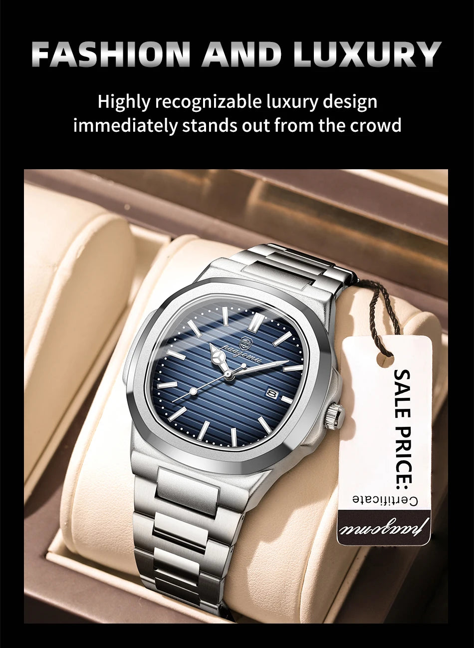 PENGAGAR Luxury Watch Business 50 ATM Waterproof Male Clock Luminous Date Stainless Steel Square Quartz Men Watches reloj hombre