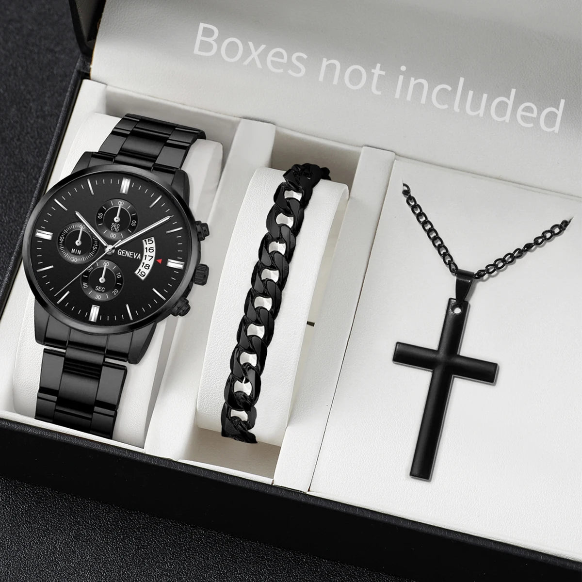 Luxorive Classic Trio – Men's Stainless Steel Calendar Quartz Watch Set (3‑Piece, No Box)