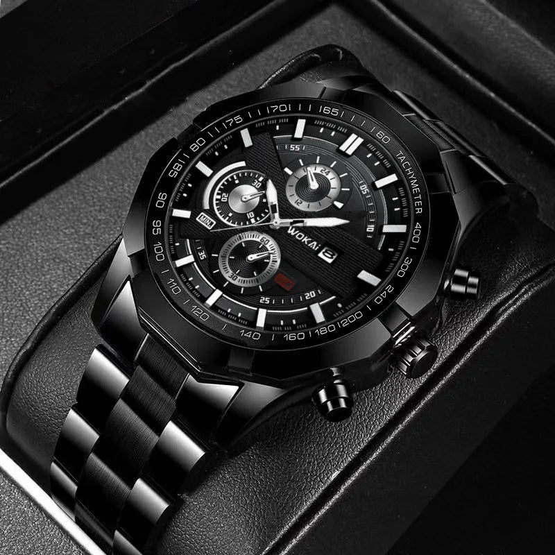 Luxorive MetroChron – 3‑Eye Quartz Watch for Men | Steel Bracelet, Roman + Index Dial