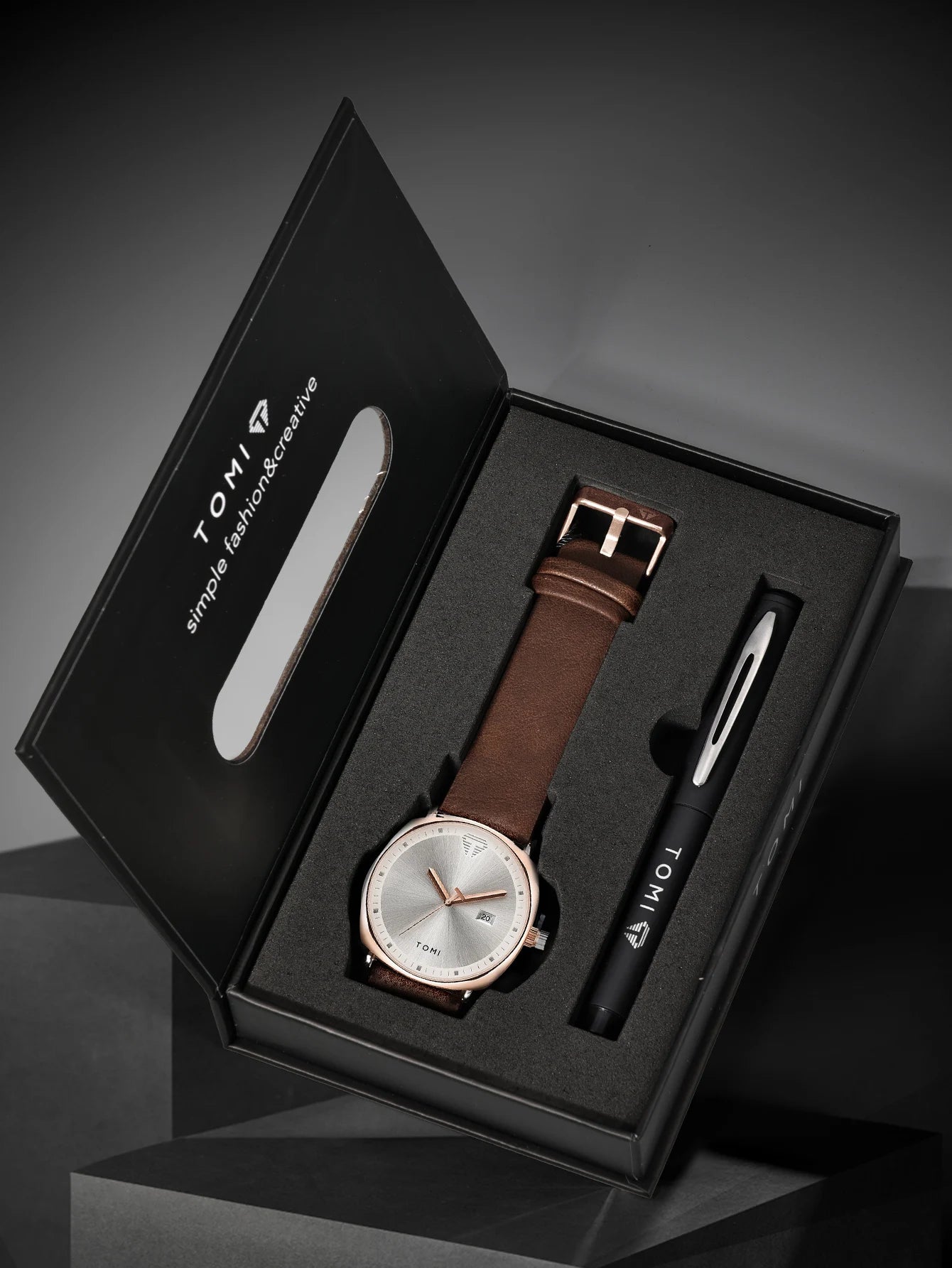 TOMI New 2PCS Luxury Business Men Watch Gift Box Set Simple and Casual Men Calendar Quartz Watch Pen Reloj Men Holiday Gift