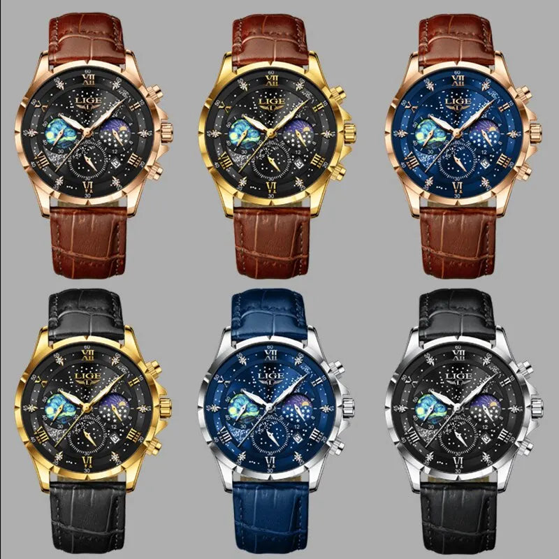 LIGE 2024 Men’s Luxury Genuine Leather Sports Military Quartz Watch with Date