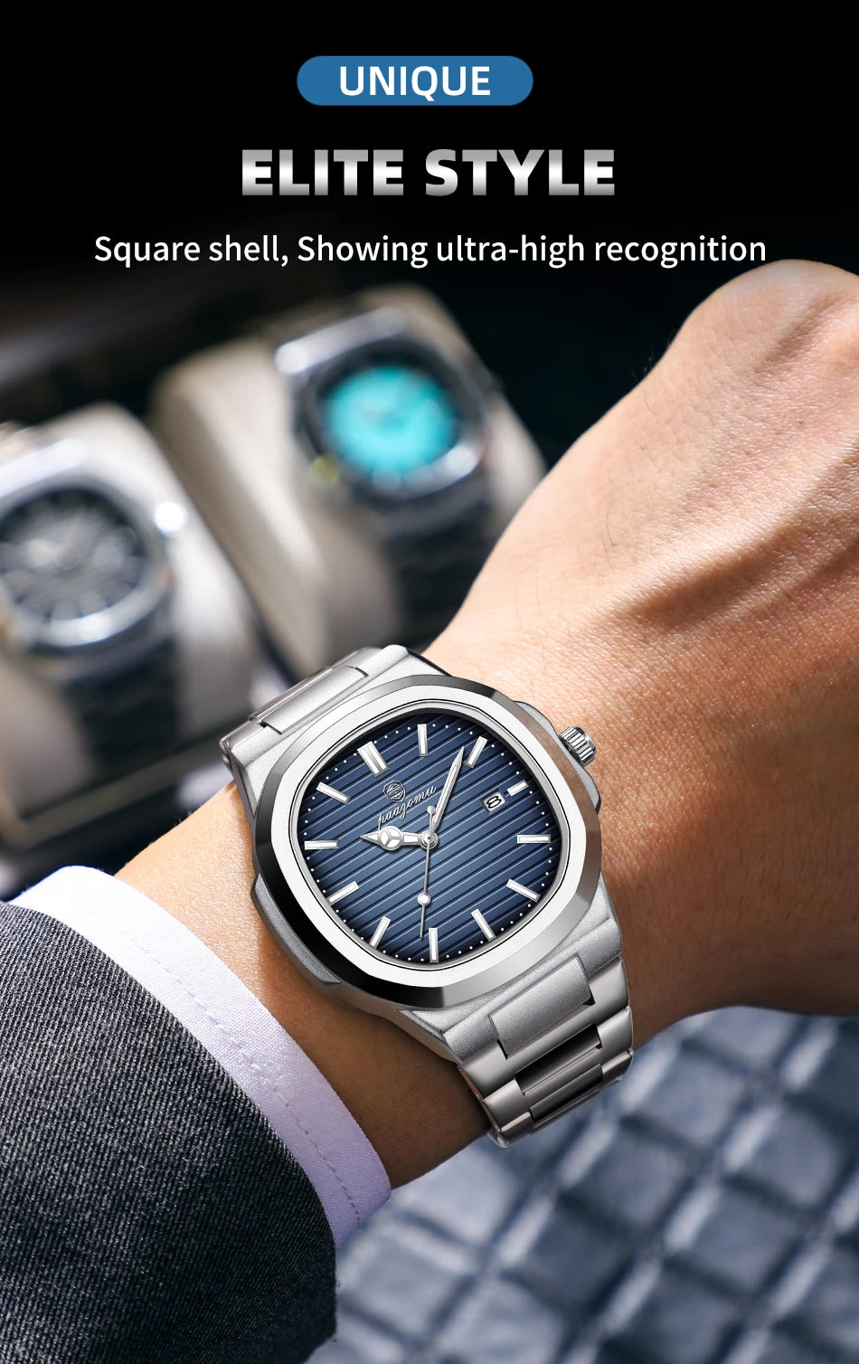 PENGAGAR Luxury Watch Business 50 ATM Waterproof Male Clock Luminous Date Stainless Steel Square Quartz Men Watches reloj hombre