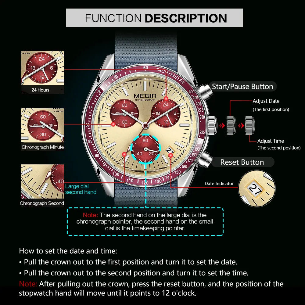 MEGIR New Men's Nylon Braided Strap Waterproof Night-light Sports Quartz Watch with Chronograph Fashion Triple-eye Wristwatch wi