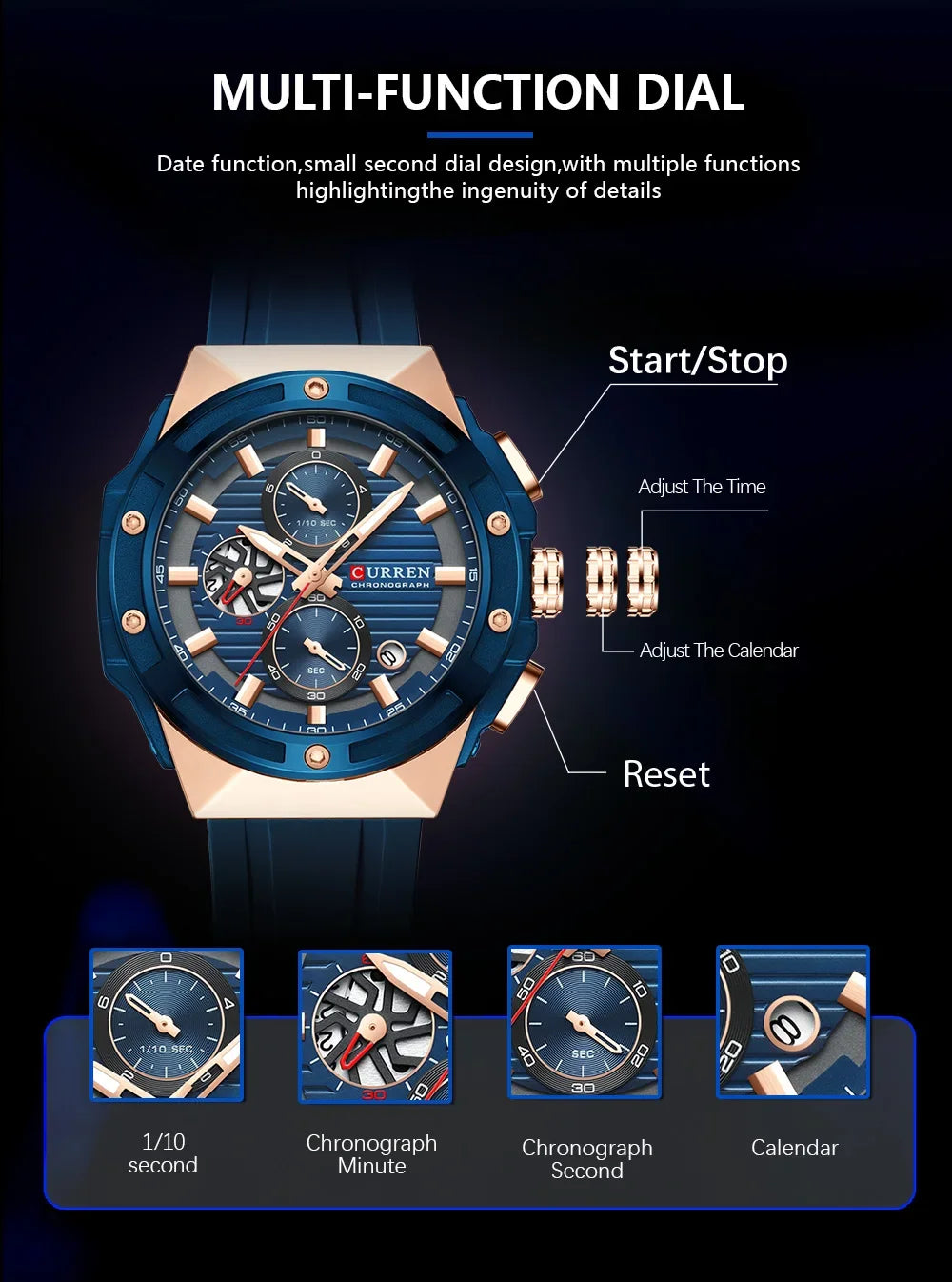 CURREN Multifunctional Sports Chronograph Quartz Watch – Silicone Strap with Luminous Hands
