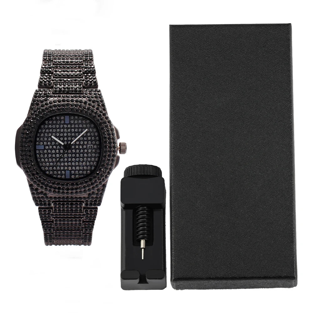 Men Women Quartz Watch Iced Out Hip-hop Punk Full Diamonds Wrist Watch Bundled Size Adjuster Stylish Party Jewelry Gift Box