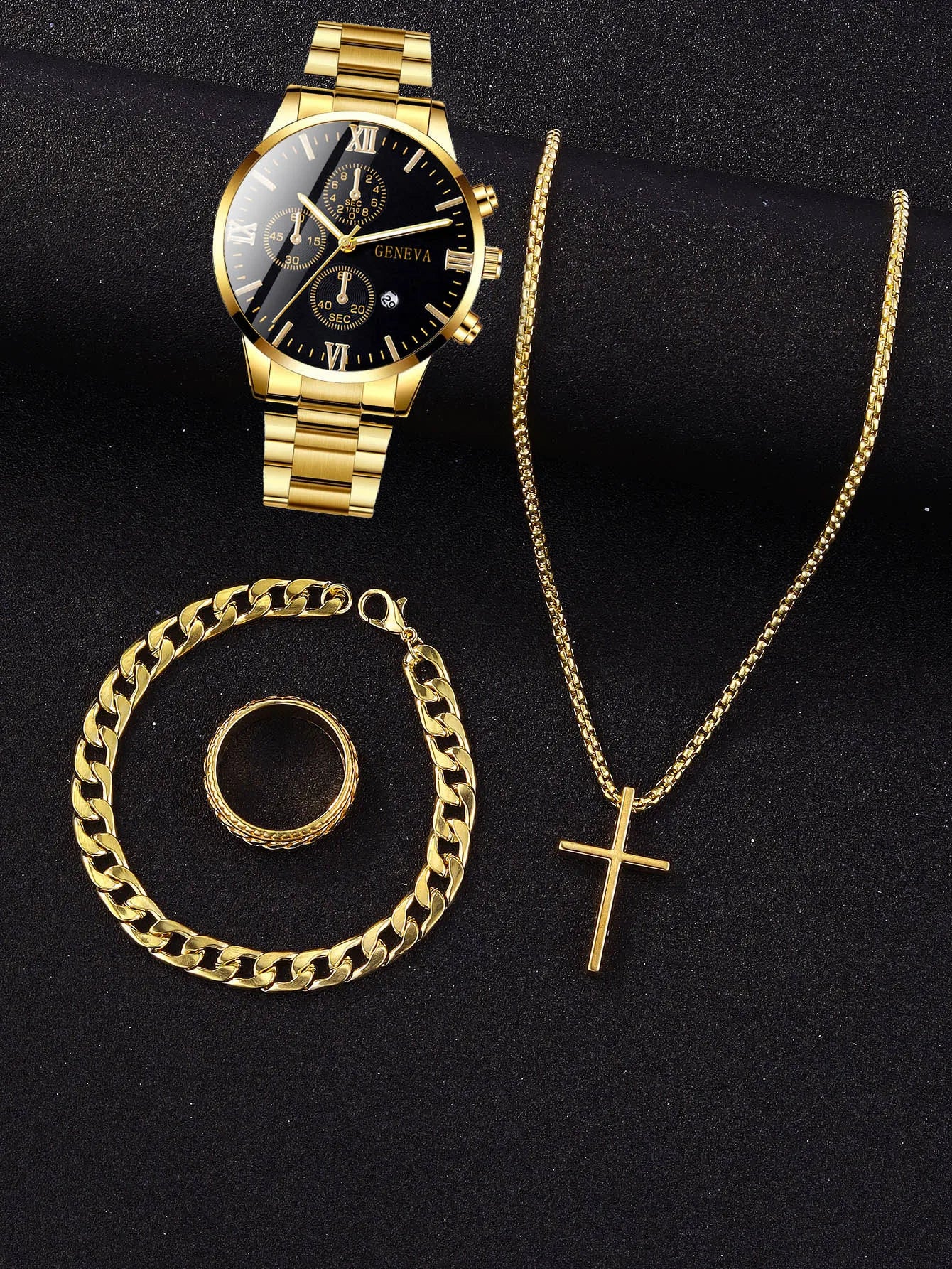 Luxorive Gold Roman Gift Set 🎁 – 4‑Piece Men’s Gold Quartz Watch with Calendar, Cross Necklace, Bracelet & Ring