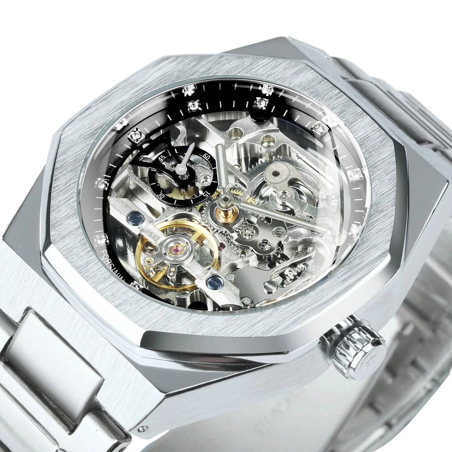 Luxorive Spectra Tourbillon – Automatic Skeleton Watch with Diamond Dial Watchify SILVER-BLACK