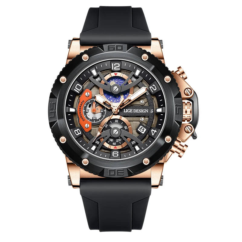 LIGE Sports Chronograph is a premium-quality men’s wristwatch featuring a rugged design with real chronograph sub-dials, made for active and style-conscious individuals.