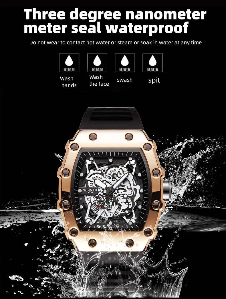 Men's Watch Fashion Automatic Movement Barrel Luminous Waterproof Clock Sports Male's Silicone Strap Quartz Wristwatch New