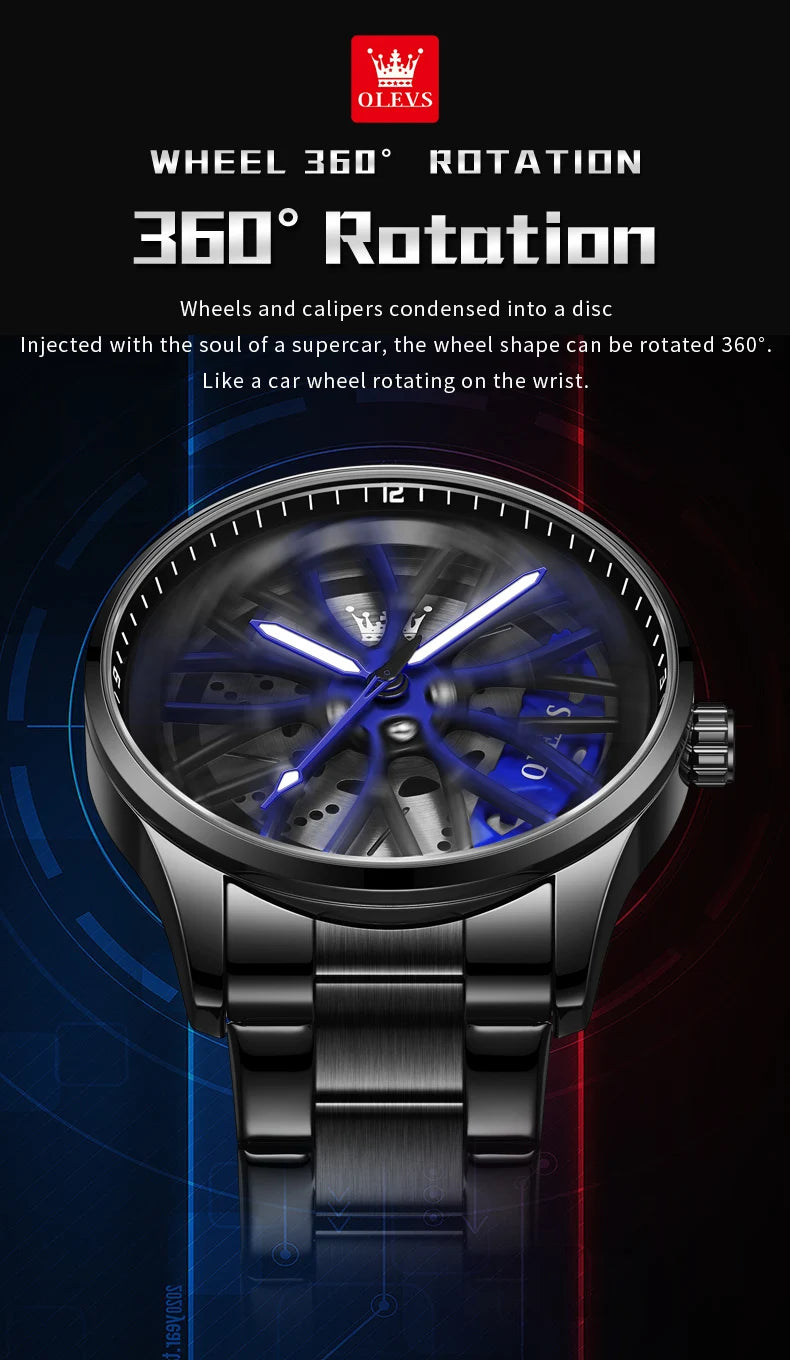 OLEVS Fashion 360° Rotary Dial Quartz Watch for Men Sport Car Rim Wheel Hub Waterproof Luminous Stainless Steel Men's Wristwatch