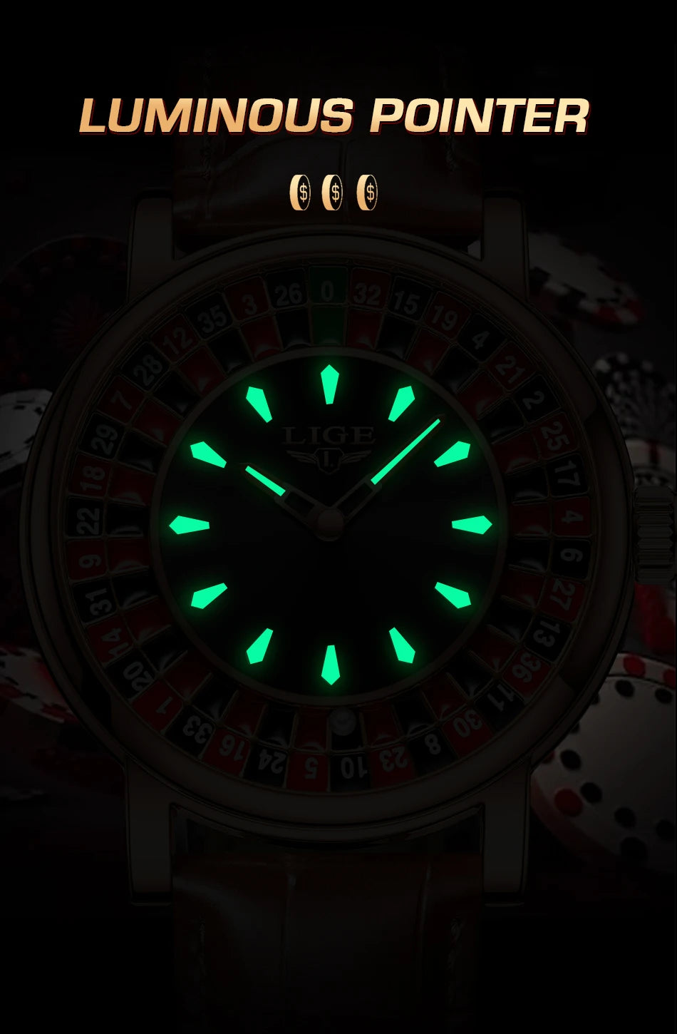 LIGE Fashion Roulette Dial Men's Watch – Brown Leather Edition
