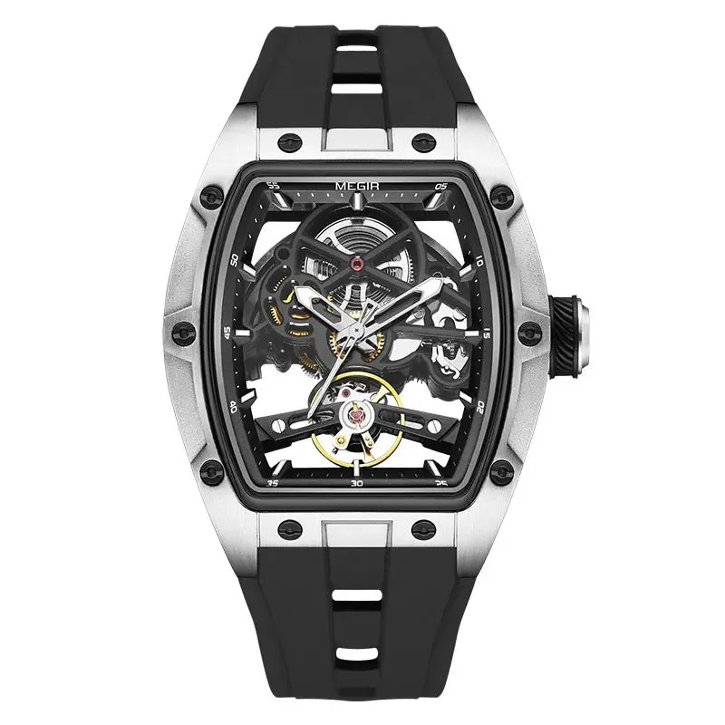 Luxorive MEGIR 2242 – Automatic Tonneau Dial Men’s Watch | Black Silicone Strap | Luminous Sport Design