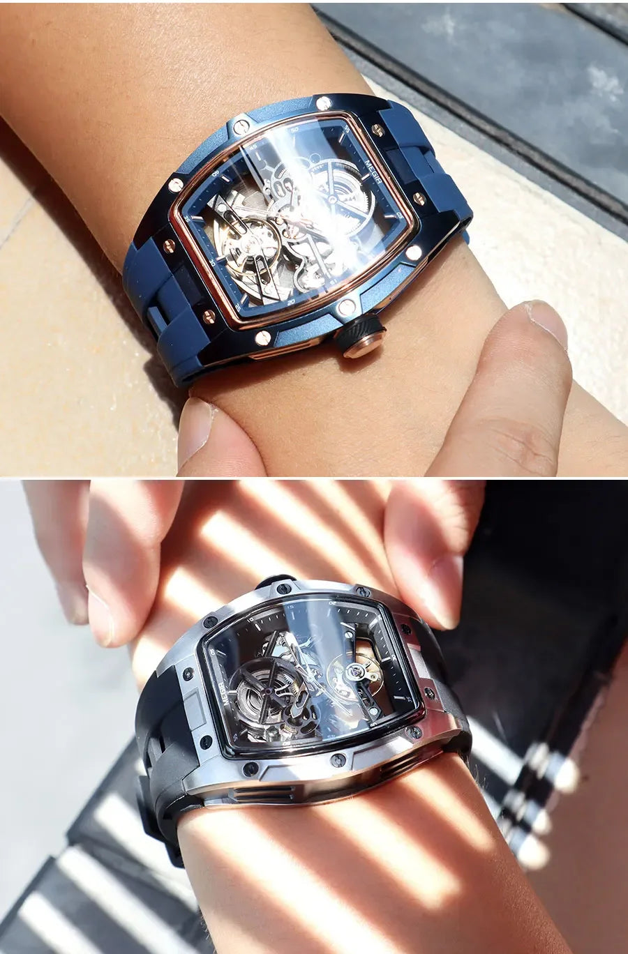 Luxorive MEGIR 2242 – Automatic Tonneau Dial Men’s Watch | Black Silicone Strap | Luminous Sport Design