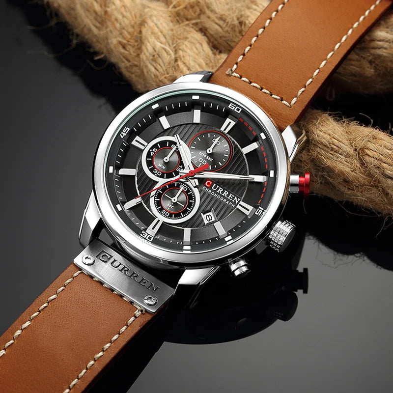 CURREN Men’s Military Leather Sports Quartz Watch – Chronograph Wristwatch