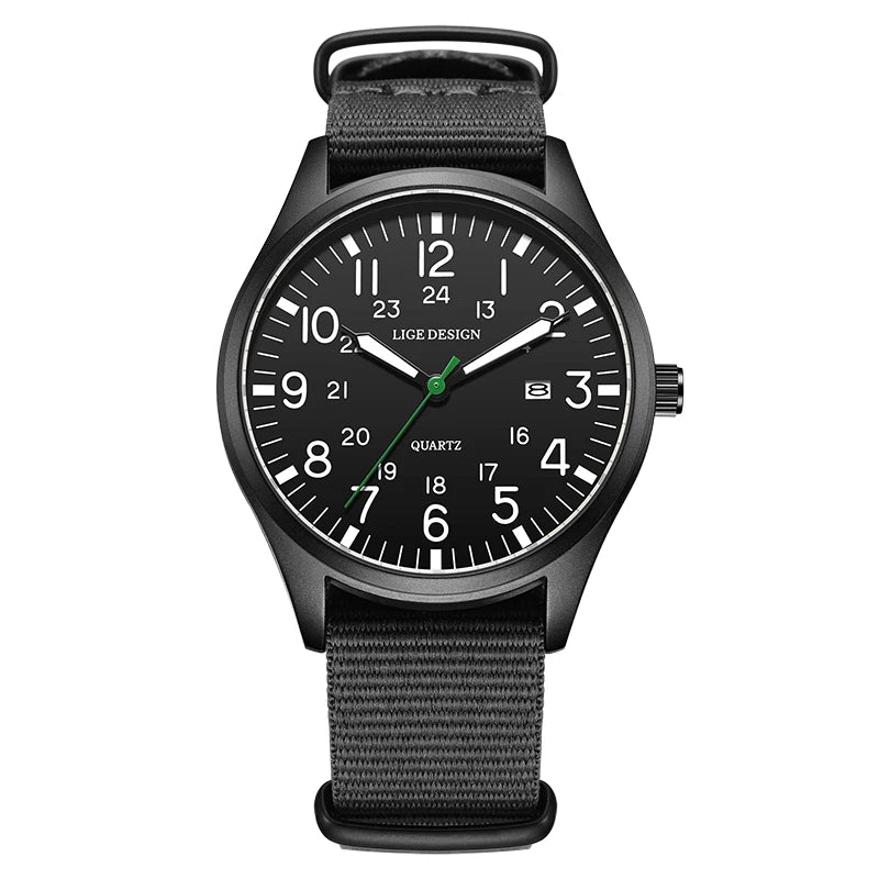 LIGE Luxury Military Quartz Watch for Men – Waterproof, Luminous, Nylon Leather Strap, Date Display