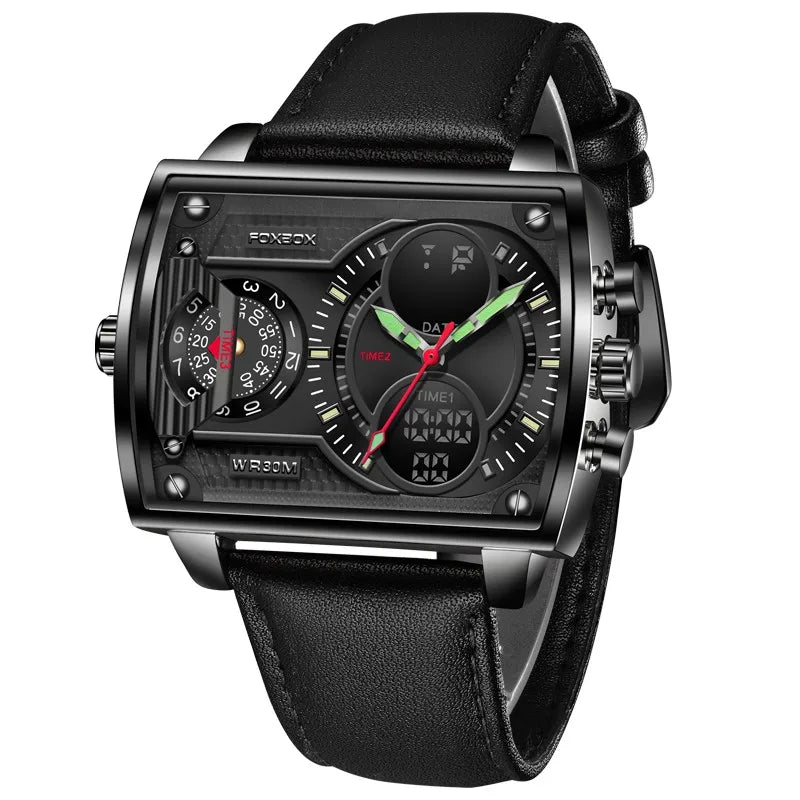 LIGE Luxury Men’s Square Watch – FOXBOX Fashion Casual Sports Waterproof Double Display
