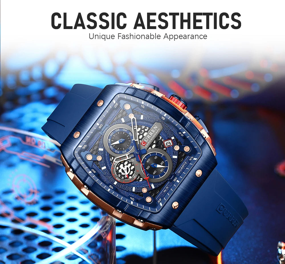 CURREN Square Business Sport Watch – Large Dial Quartz Wristwatch with Silicone Band & Luminous Hands